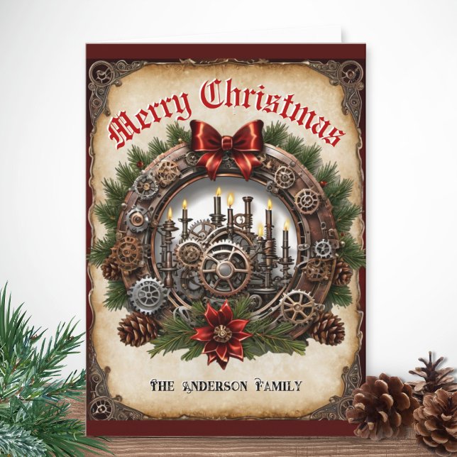 Cartão De Festividades Velas de Grinalda Steampunk Fita Vermelha Engrenag (A Steampunk Christmas card with traditional wreath and candles, metal cogs and gears)