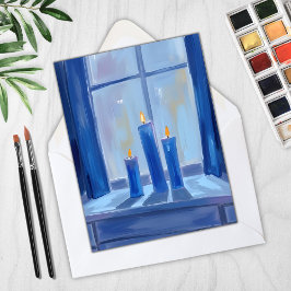 Cartão De Festividades Velas de Hanukkah Azuis Aquarela