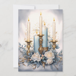 Cartão De Festividades Velas de Natal Antigas Azul Branco Dourado