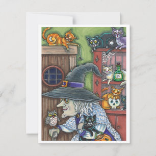 CARTÃO DE FESTIVIDADES VELHA BRUXA CASA FELIZ, MUITOS GATOS & CORUJA HALL