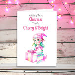 Cartão De Festividades Velho Natal Rosa de Elfo Cheery e Brilhante<br><div class="desc">Um bonito cartão de Natal com uma linda elfo feminina de rosa com uma vibração vintage. Retro se sentindo antiquado Natal.</div>