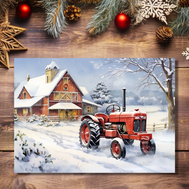 Cartão De Festividades Velho Trator e Barn Snowy Natal Natal Natal (Front - Barn and Old Tractor Snowy Winter Farm Christmas Holiday Card)