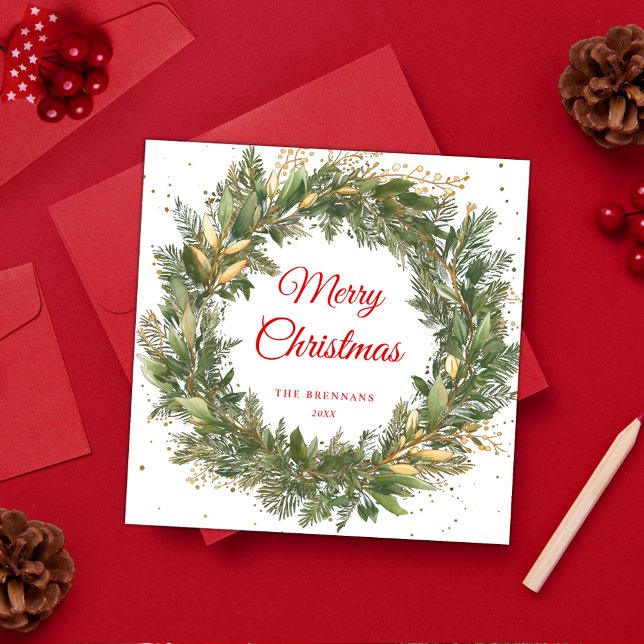 Cartão De Festividades Verdade Botânica Moderna Elegante do Natal (Modern Elegant Christmas Botanical Greenery Wreath Holiday Card)