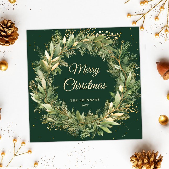 Cartão De Festividades Verdade Botânica Verde-Verde da Terra de Natal Ele (Elegant Christmas Wreath Green Botanical Greenery Holiday Card)
