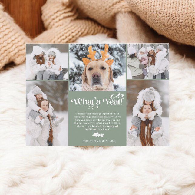 Cartão De Festividades Verde Ano Novo na revisão 5 grade de colagem de fo (Green New Year in review 5 photo collage grid Holiday Card)