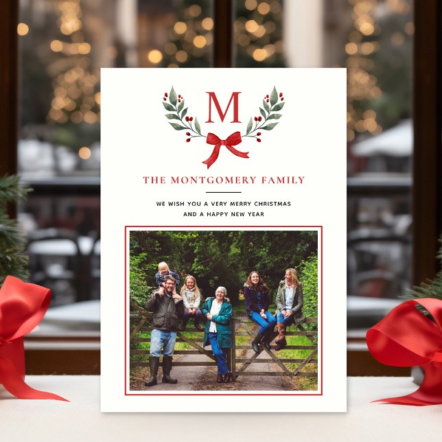 Cartão De Festividades Verde Botânico Elegante Holly Flat (Criador carregado)