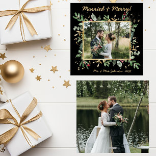 Cartão De Festividades Verde Botânico Moderno Foto Casada e Feliz