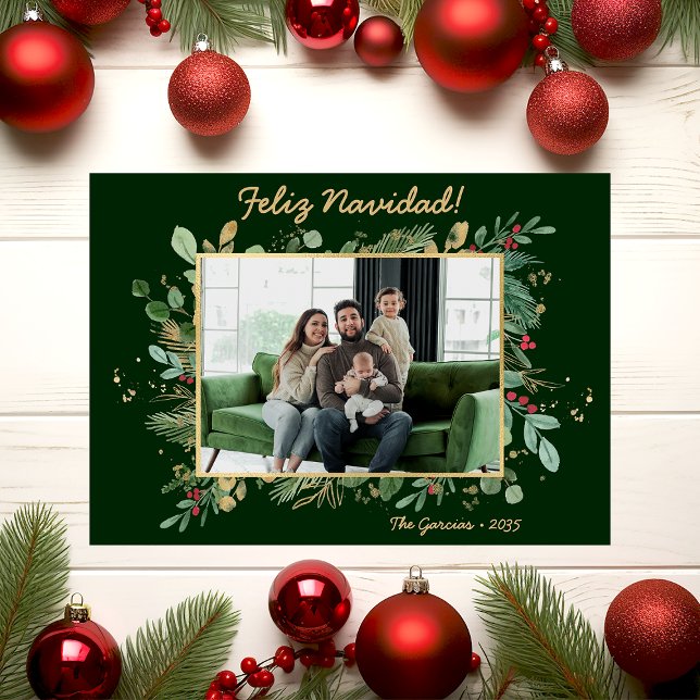 Cartão De Festividades Verde Botânico Moderno Foto Feliz Navidad (Criador carregado)