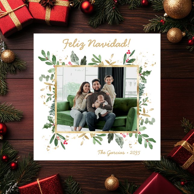 Cartão De Festividades Verde Botânico Moderno Foto Feliz Navidad (Criador carregado)