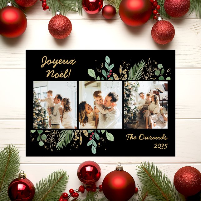 Cartão De Festividades Verde Botânico Moderno Foto Joyeux Noel (Criador carregado)