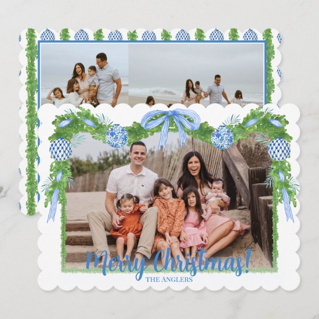 Cartão De Festividades Verde da Chinoiserie Azul e Branca, Avô (Frente/Verso)