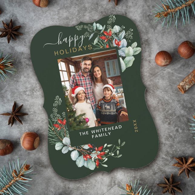 Cartão De Festividades Verde de Feriado Feliz de Aquarela (You will love these beautiful Christmas cards! They feature botanical watercolor pine and berries.)