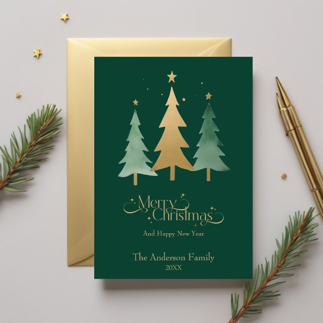 Cartão De Festividades Verde-de-Natal Mínimo Moderno da Aquarela (Minimalist Modern Watercolor Christmas Tree Green Holiday Card)