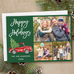 Cartão De Festividades Verde-Foto do Script de Pincel Moderno 3<br><div class="desc">Manuscrito em Pincel Moderno Vintage Red Truck com Árvore de Natal - Feliz Natal Família 3 Cartão Verde de Foto</div>