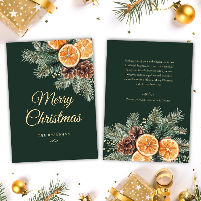 Cartão De Festividades Verde Laranja Elegante Citrus Natal (Green Orange Elegant Citrus Christmas Holiday Card)