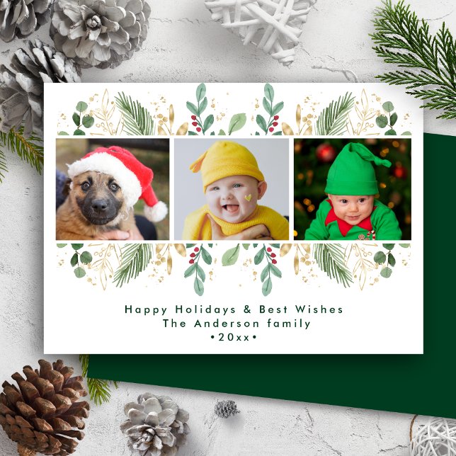 Cartão De Festividades Verde-Moderno Berries Vermelho Dourado Molor de Ág (Criador carregado)