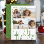 Cartão De Festividades Verde Oleícola de Grande Script - Deslocamento de<br><div class="desc">Design FRONT: Uma colagem de 4 fotos em uma grade simples para destacar muitas fotos do ano passado. A grade de fotos está fora do centro com os nomes familiares em volta da colagem como uma borda. Uma busca moderna por um cartão com fotos de feriado com sotaques verdes e...</div>