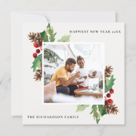 CARTÃO DE FESTIVIDADES VERDE VERDE HOLLY BERRY PINE CONE ANO NOVO FOTO