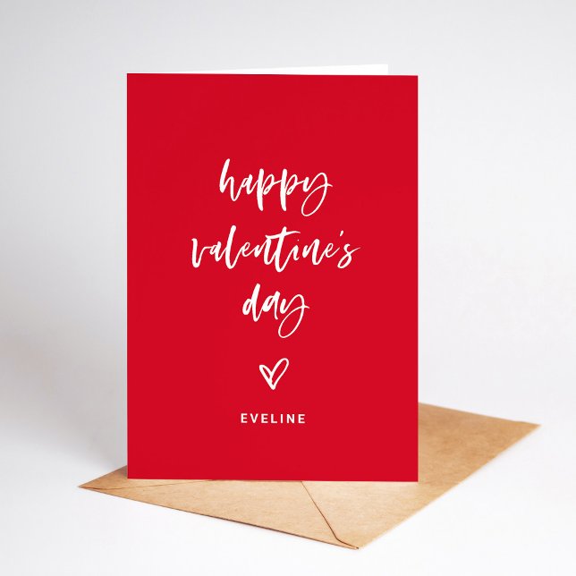 Cartão De Festividades Vermelha | Manuscrito branco e Namorados cardíaco (A simple and modern Valentine's Day card with casual script and a heart)