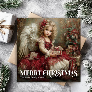 Cartão De Festividades Vermelho Burgundy Intemporal Verde Anjo Vitoriano 