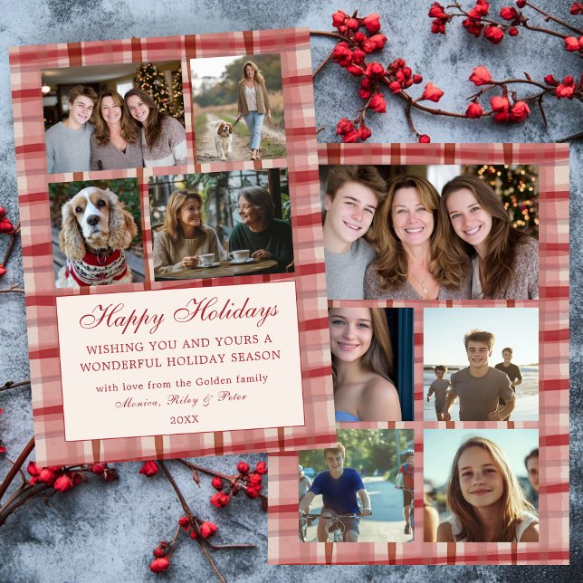 Cartão De Festividades Vermelho de Colagem de Fotos Personalizada de Nata (Chic Preppy Watercolor Red Plaid Christmas Custom 9 Family Photo Collage Holiday Card
)