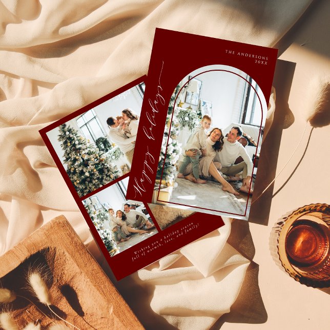 Cartão De Festividades Vermelho de fotos de feriados felizes com script m (Criador carregado)