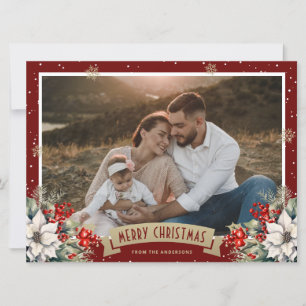 Cartão De Festividades Vermelho Dourado Botânico Floco de Neve Foto Natal