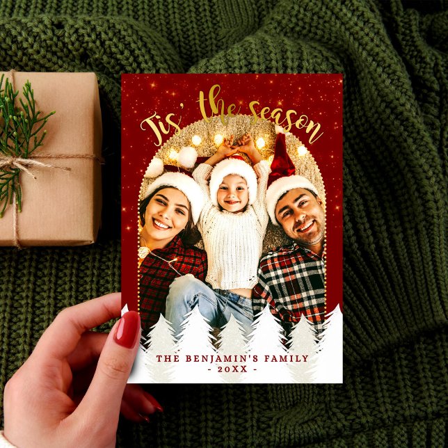 Cartão De Festividades Vermelho Dourado Esparso As Árvores De Natal (Criador carregado)