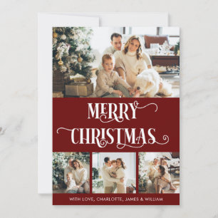 Cartão De Festividades Vermelho e Branco 4 Colagem de Fotos Feliz Natal