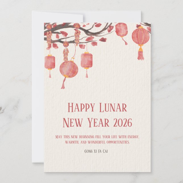 Cartão De Festividades Vermelho e Creme Água-forte Simples Feliz Lunar (Frente)