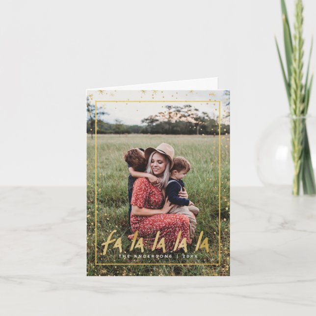 Cartão De Festividades Vermelho e Dourado Fa La La La La Férias Natalícia (Frente)