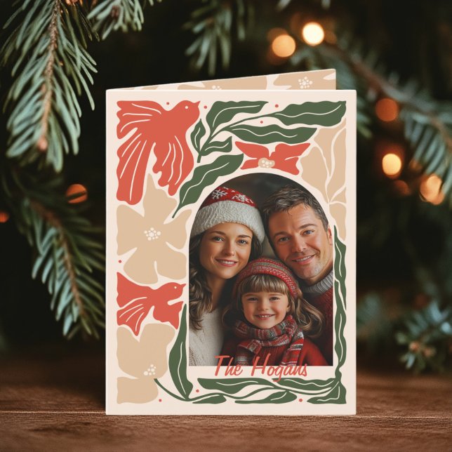 Cartão De Festividades Vermelho e verde Arte Popular 2 Dobrável para Foto (Folded 2-photo Folk Art Christmas Card)