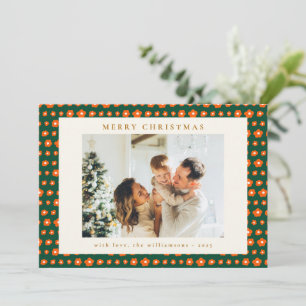 Cartão De Festividades Vermelho e Verde do Natal Flores Boho Duas Fotos