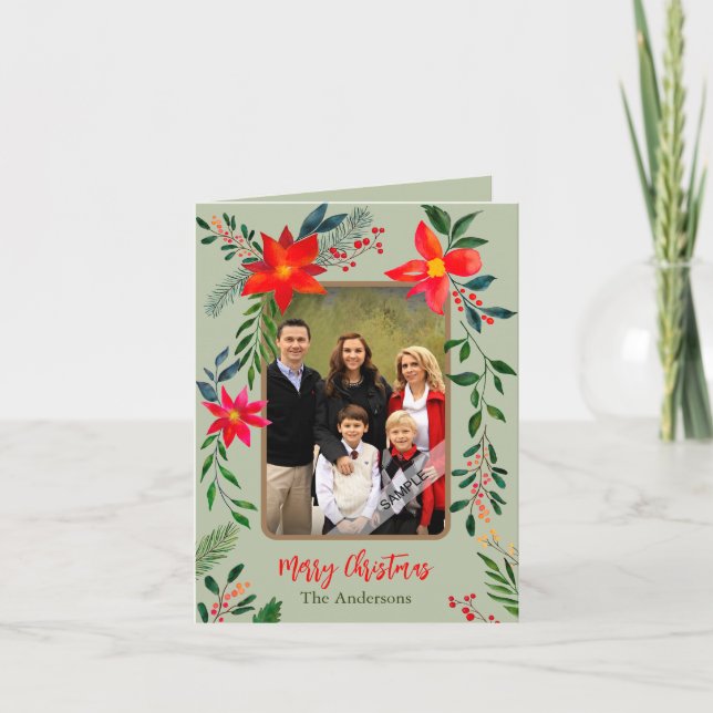 Cartão De Festividades Vermelho Festivo Floral Aquarela 1 Foto Natal (Frente)