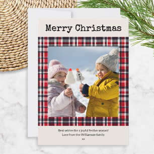 Cartão De Festividades Vermelho Festivo Xadrez Foto Personalizada Natal