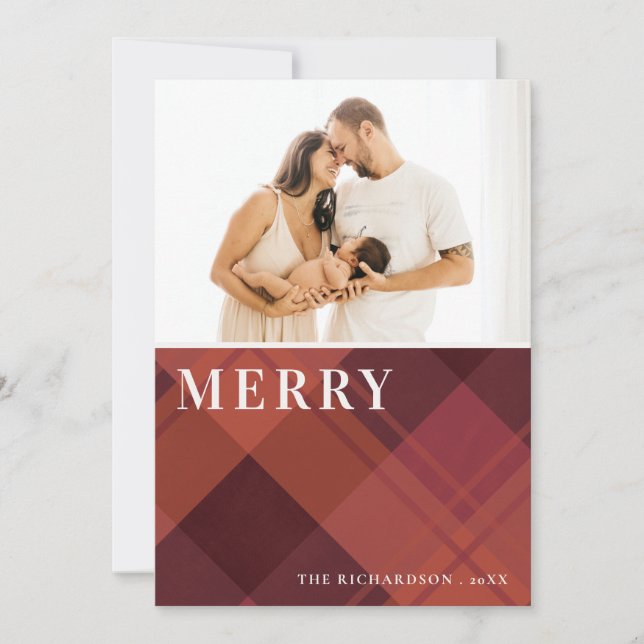 Cartão De Festividades Vermelho Marrom Marsala Xadrez 1 Foto Feliz Natal (Frente)