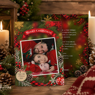 Cartão De Festividades Vermelho Rústico e Verde Carta de Natal com Foto d