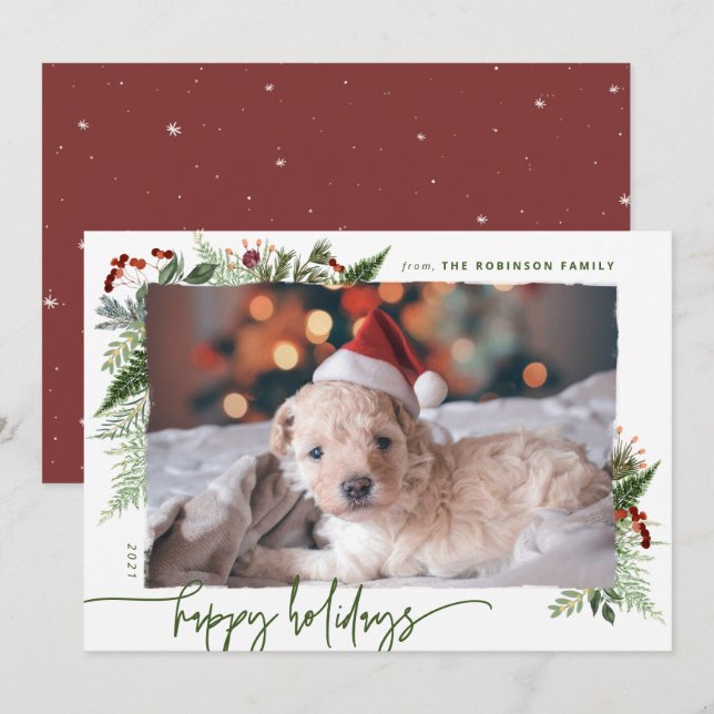 Cartão De Festividades Vermelho & Verde Boho Modernidade Folhagem Roteiro (Frente/Verso)