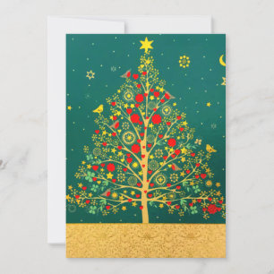 Cartão De Festividades Vermelho Verde Dourado Brilho Árvore Pássaro de Na