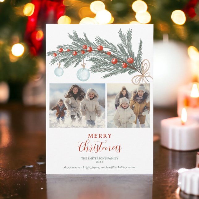 Cartão De Festividades Vermelho-verde-russo, Feliz Natal 3 fotos (Rustic green pine red Merry Christmas 3 photos Holiday Card)