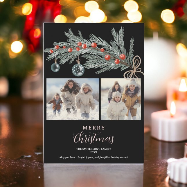 Cartão De Festividades Vermelho-verde-russo, Feliz Natal 3 fotos (Rustic green pine red Merry Christmas 3 photos Holiday Card on black)