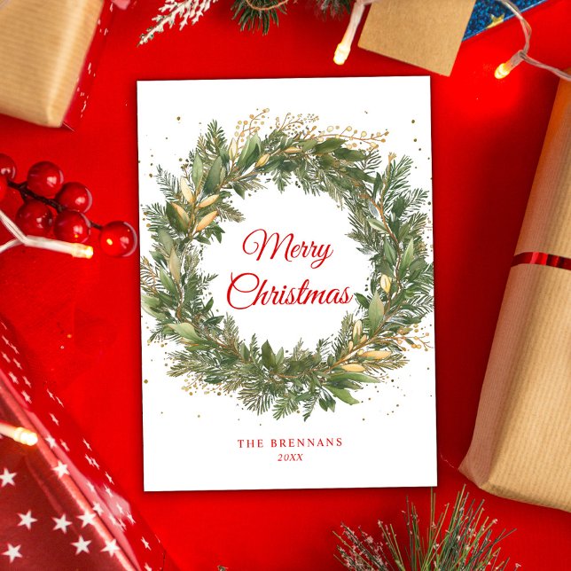Cartão De Festividades Vermelhos Verdes Verdes Vermelhos do Natal (Christmas Elegant Red Green Botanical Wreath Holiday Card)