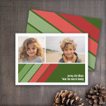 Cartão De Festividades Vermelhos Vermelhos - 2 Colagem de Fotos<br><div class="desc">Frente - 2 Modelo de foto em uma grade simples com uma borda branca. Um padrão divertido e retrô de faixa com vermelhos e verdes e uma simples fonte fazem um design moderno e mínimo para a temporada de férias. Traseiro - Padrão verde profundo e vermelho de faixa retrorativa com...</div>