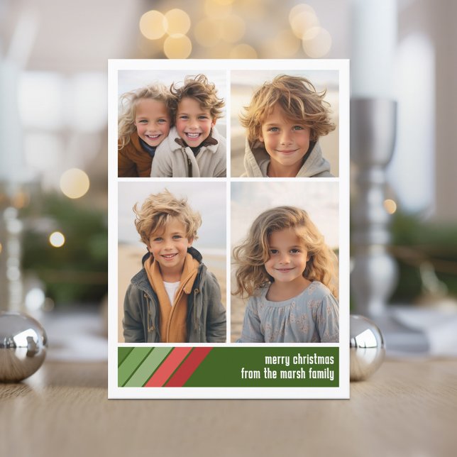 Cartão De Festividades Vermelhos Vermelhos - 4 Colagem de Fotos (Red and Green Retro Stripe Holiday Card with an 4 Photo Collage template)