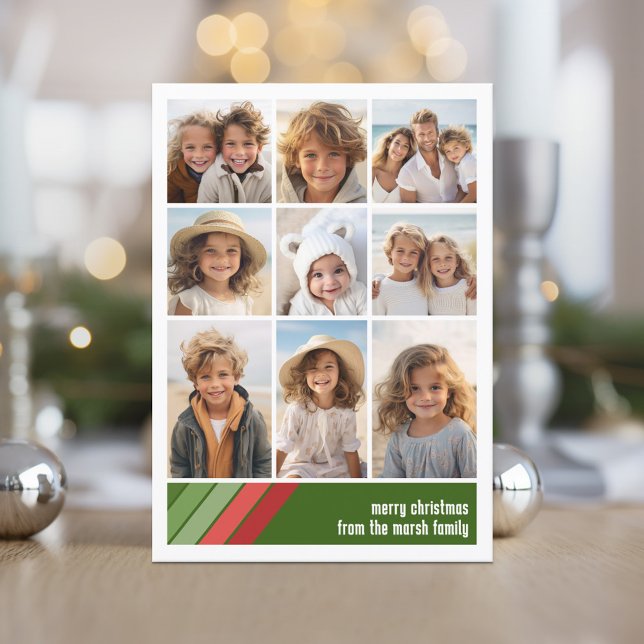 Cartão De Festividades Vermelhos Vermelhos - 9 Colagem de Fotos (Red and Green Retro Stripe Holiday Card with an 10 Photo Collage template)