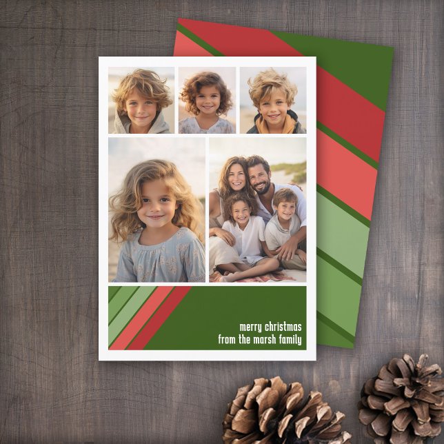 Cartão De Festividades Vermelhos Vermelhos - Colagem de 5 Fotos (Red and Green Retro Stripe Holiday Card with an 5 Photo Collage template)