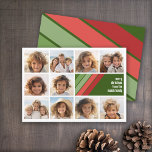 Cartão De Festividades Vermelhos Vermelhos - Colagem de Fotos 10<br><div class="desc">Frente - 10 Modelo de foto em uma grade simples com uma borda branca. Um padrão divertido e retrô de faixa com vermelhos e verdes e uma simples fonte fazem um design moderno e mínimo para a temporada de férias. Traseiro - Padrão verde profundo e vermelho de faixa retrorativa com...</div>