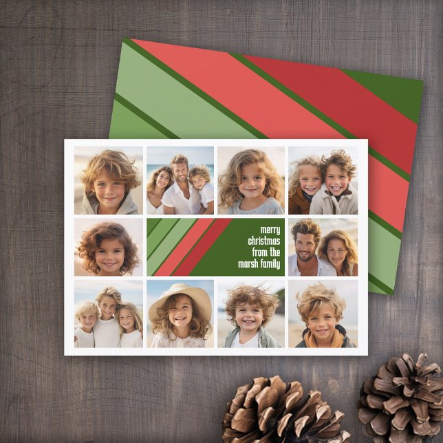 Cartão De Festividades Vermelhos Vermelhos - Colagem de Fotos 10 (Red and Green Retro Stripe Holiday Card - 10 Photo Template - Print and Download Options)
