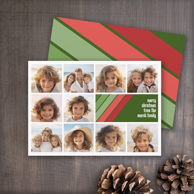 Cartão De Festividades Vermelhos Vermelhos - Colagem de Fotos 10 (Red and Green Retro Stripe Holiday Card - 10 Photo Template - Print and Download Options)