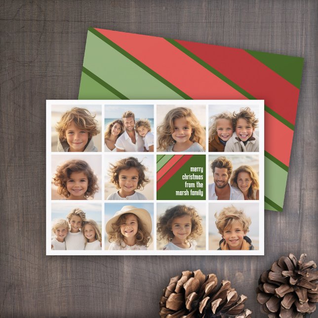 Cartão De Festividades Vermelhos Vermelhos - Colagem de Fotos 11 (Red and Green Retro Stripe Holiday Card - 11 Photo Template - Print and Download Options)